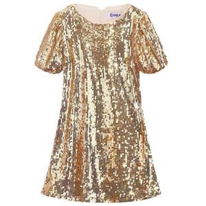 lot 2643 image: WELAKEN Girls Sequin Dress Sparkly Fancy Short Puff Sleeves Gradient Party Dress Gold Size- 8Y