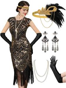 lot 2669 image: YESSA 1920s Flapper Dresses for Women Great Gatsby Dresses Roaring 20s Costumes Sequin Harlem Nights Dress with 20s Accessories Black-Gold