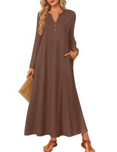 lot 2702 image: ZESICA Fall Long Sleeve Comfortable Loose Maxi Dresses for Women 2026 Elegant Classy Winter Wedding Guest Dress,Coffee,Small
