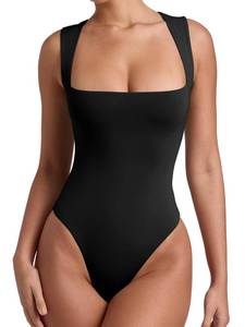 lot 2712 image: REORIA Womens Summer Sexy Sleeveless Square Neck Double Lined Going Out Cute Thong Bodysuit Tank Tops Black Small