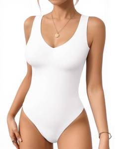 lot 2731 image: MANGOPOP Womens Deep V Neck Tank Top Bodysuit Sexy Thong Double Lined Body Suit Sleeveless Backless Plunge Going Out Tops(White, Medium)