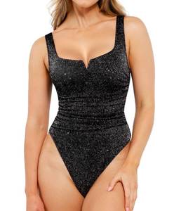 lot 2732 image: Popilush Sparkly Tops for Women Shapewear Bodysuit Tummy Control Square Neck Sleeveless Body suit Going Out Tank Tops Large