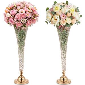 lot 2742 image: LemonRoad Gold 2 Pcs 32 Inch Tall Extra Large Crystal Trumpet Vase for Centerpiece Metal Floral Vase Wedding Flower Stand for Table Floor Wedding Party Anniversary Birthday Banquet Celebration Retail- $110