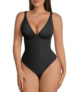 lot 2765 image: FeelinGirl Body Suits for Women Tummy Control Shapewear Bodysuits for Going Out Deep V Neck Thong Body Shaper, Black, S