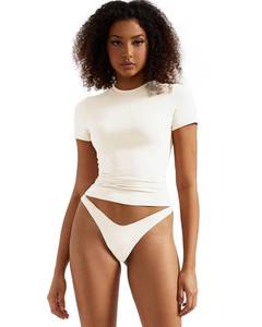 lot 2770 image: SUUKSESS Women Double Lined Fitted Basic Tee Shirts Crew Neck Short Sleeve Y2K Going Out Crop Tops (Pearl, M)