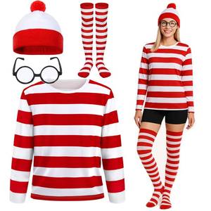 lot 2779 image: 4 Pieces Red and White Striped Shirt and Hat for Women,Adult Halloween Costumes Cosplay Suits with Glasses Outfit Suit Set (Medium)