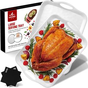 lot 2790 image: Extra Large 20 x 13 Serving Platters for Turkey, Cookie, Cupcakes, Gift Ready Melamine Serving Tray with Handles for Party Entertaining, Raised Dots &amp Matt Finish, Set of 2, White Retail- $50