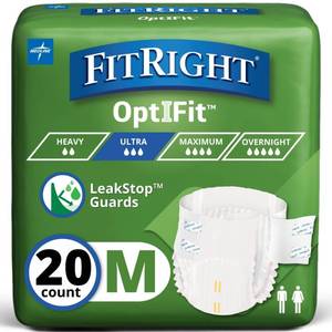 lot 2794 image: FitRight Ultra Adult Diapers, Disposable Incontinence Briefs, Leak-Proof Diaper, Absorbent Briefs For Men and Women, Maximum Protection, Medium, 32 - 44 in, 20 briefs per bag
