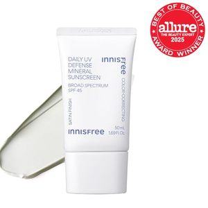 lot 2803 image: innisfree Daily Mineral UV Defense SPF 45 Face Sunscreen with Green Tint, Hyaluronic Acid, Korean Skincare, Color Correcting Formula, 50ml
