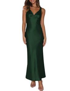 lot 2836 image: Womens Elegant Satin V Neck Backless Sleeveless Maxi Dress Silk Tie Low Back Formal Cocktail Dresses Wedding Guest Dark Green Large