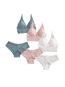 lot 2847 image: Verdusa Womens Lingerie Sets 6 Piece Lace Bow Floral Underwear Bras Wireless Padded Bra and Panty Set White Pink Blue Medium