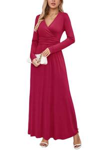 lot 2870 image: OUGES Womens Long Sleeve Christmas Holiday Dresses for Women V-Neck Wrap Waist Maxi Dress(Wine,L)