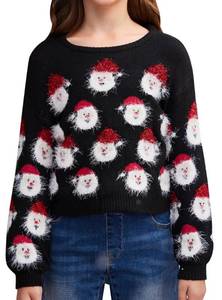 lot 2876 image: IIMMER Christmas Little Girls Knitted Santa Claus Pattern Ugly Outfit Crew Neck Long Sleeve Sweater Black 10 Years