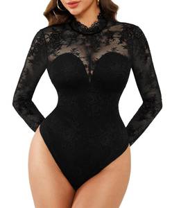 lot 2882 image: Popilush Long Sleeve Body Suits Womens Tummy Control Lace Sheer Tops Built in Bra Turtleneck Open Back Shapewear Bodysuit Fall Outfits Black, M