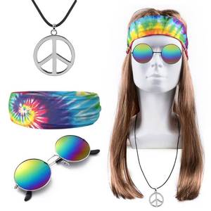 lot 2896 image: MOVINPE Hippie Accessories for Men - Hippie Wig Sunglasses Peace Sign Necklace Tie Dye Headbands, Halloween Costume 70s Disco Style 60s Outfit Fancy Dress Retro Night