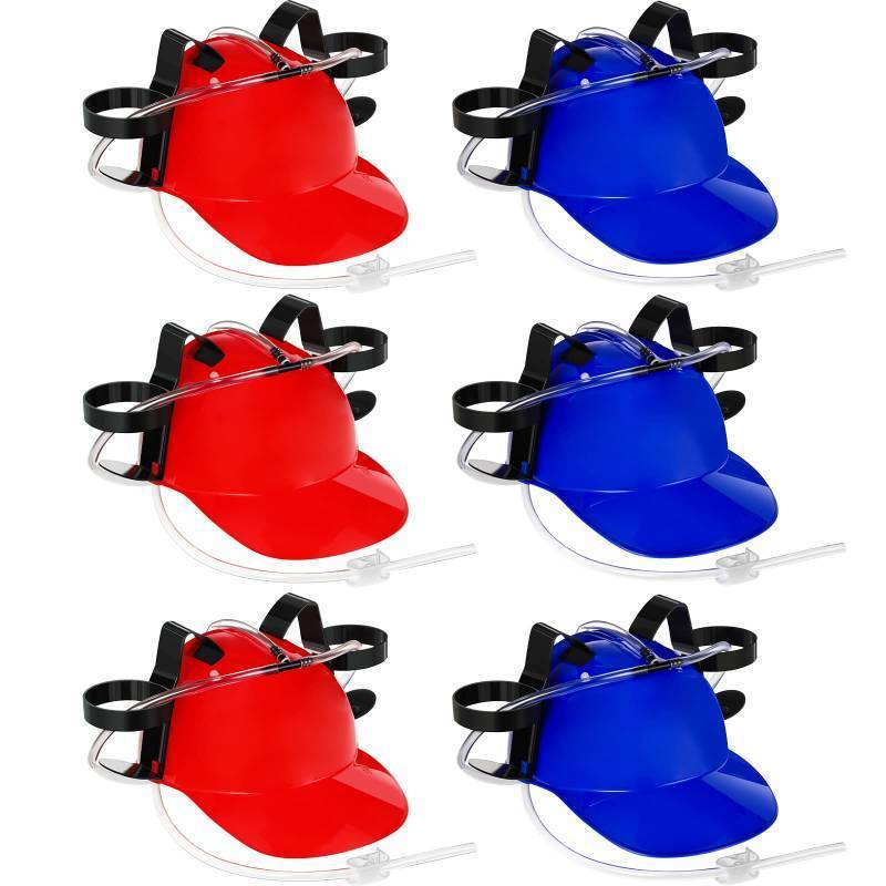 lot 1120 image: Sureio 6 Pieces Juice Helmet Can Holder Soda Hat Beverage Helmet with Straw Funny Hat for Men Women Adults Party Supply(Red Blue) - Retail $59