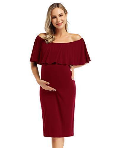 lot 1131 image: Maternity Dress Off Shoulder Casual Maxi Dress (S, Burgundy) - Retail $28