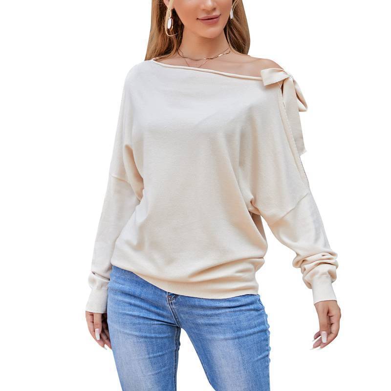 lot 1138 image: Boat Neck Sweater Off Shoulder Batwing Long Sleeve Tie Knot Apricot XL - Retail $34