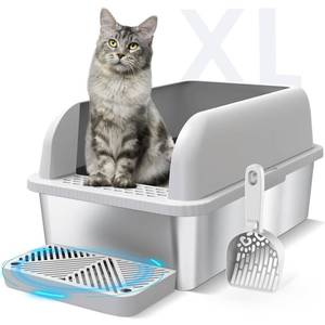 lot 1290 image: Suzzipaws Enclosed Stainless Steel Cat Litter Box with Lid Extra Large Litter Box for Big Cats XL Metal Litter Pan Tray with High Wall Sides Enclosure, Non-Sticky, Anti-Leakage, Easy Cleaning - Retail $56