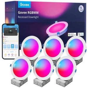 lot 1019 image: Govee 6 Inch Smart Recessed Lighting, Wi-Fi Bluetooth Direct Connect RGBWW LED Downlight, 65 Scene Mode, Work with Alexa & Google Assistant, LED Recessed Lighting with Junction Box, 1100 Lumen, 6 Pack - Retail $160