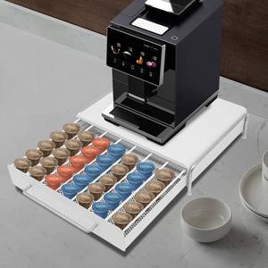 lot 1023 image: Coffee Capsule Organizer, Organization Storag Drawer, Compact Under Coffee Pot Storage Sliding Drawer (White) - Retail $57