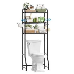 lot 1077 image: Simple Trending Expandable Over The Toilet Storage Rack, Metal 3 Tier Bathroom Organizer Shelf with Paper Holder and 3 Hooks, Black - Retail $35