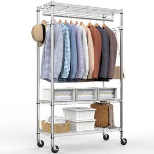 lot 1089 image: M MZG Heavy Duty Rolling Garment Rack 3 Tiers Adjustable Wire Shelving Clothes Rack with Rods and Side Hooks,Storage Closet Clothing Rack with Wheels Chrome 15.7 D x 29.5 W x 74.5 H - Retail $80