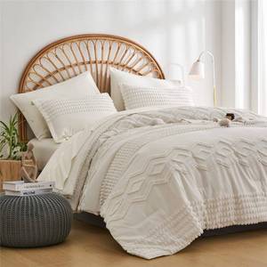 lot 1147 image: KAKIJUMN White Tufted Comforter Set King Size 7 Piece Bed in a Bag, Shabby Chic Boho Comforter and Sheet Set, Pom Pom Textured Bed Set, All Season Soft Microfiber Complete Bedding Set(Ivory,King) - Retail $76