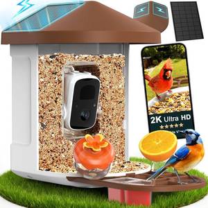 lot 1152 image: PeckCam� Bird Feeder with Camera with AI Identify 10000 Birds Species, 3 Solar Panels, 2K Live View, Instant Arrival Alerts, Smart Bird House with Cam, Gift for Bird Lovers - Retail $73