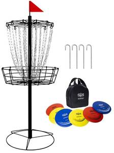 lot 1162 image: Disc Golf Basket - Portable Disc Golf Target with Heavy Duty 24-Chains Come with 6pcs Disc Golf Discs and Carry Bag, Ground Stake -Suitable for Players of All Levels - Multi Color Available - Retail $120
