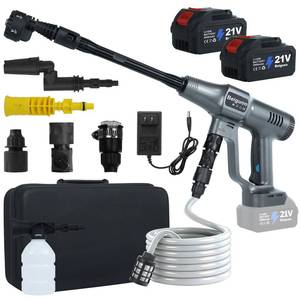 lot 1174 image: Beiguoo 1450PSI Cordless Pressure Washer, 2 4000mAH Battery Operated Power Pressure, Portable High Pressure Washer, Cordless Power Washer Gun with 6-in-1 Nozzle for CarFloorFenceSidewalk - Retail $130