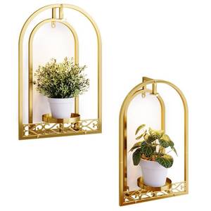 lot 1175 image: Rioneta Wall Planter Holder with Light, Metal Arch Frame Hanging Plant Stand with Grow Lights, Modern Black Iron Wall Decor for Indoor Outdoor Living Room, Balcony & Garden 2 Pack Golden - Retail $50