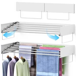 lot 1186 image: Wall Mounted Drying Rack, Laundry Clothes Drying Rack Foldable, Collapsible Hanger Clothing Wall Mount with 2 Towel Handles and Wall Template for Indoor Outdoor Hanging Clothes, 5 Rods, 31.5 Inch - Retail $50
