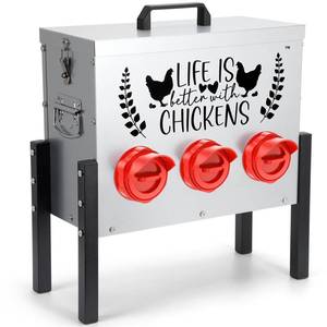 lot 1195 image: TGEYD 30 lb Chicken Feeder with 6 No-Waste Ports �� Heavy-Duty Outdoor Metal Feeder with Adjustable Height, Locking Lid & Riveted Handles �� Rustproof Feed Box for Poultry & Backyard Chickens - Retail $40