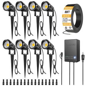 lot 1206 image: ZUCKEO Landscape Lighting Kit, 5W LED Low Voltage Landscape Lights with Transformer and 80FT Wire, Waterproof Outdoor Spotlight with Connectors for Yard Garden House, 3000K 12-24V 8Pack - Retail $100