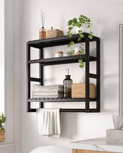 lot 1207 image: Galood Over The Toilet Storage Bathroom Shelves Wall Mounted 3 Tier Space Saver Corner Shelf Organizer Bamboo Towel Rack Toilet Paper Cabinet with Hanging Rod Black - Retail $33