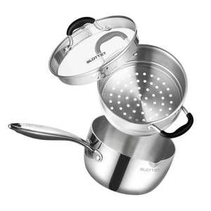 lot 1213 image: SLOTTET 3.5 Quart Stainless Steel Saucepan with Steamer, Tri-Ply Full Body Small Multipurpose Pot with Pour Spout,Strainer Glass Lid, 3 Qt Sauce Pan for Cooking with Stay-cool Handle. - Retail $55
