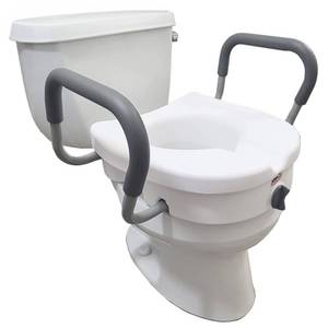lot 1217 image: Carex E-Z Lock Raised Toilet Seat With Handles, 5 Toilet Seat Riser with Arms, Handicap Raised Toilet Seat For Seniors and Elevated Toilet Seat - Retail $45