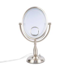 lot 1226 image: JERDON Lighted Makeup Mirror with 10X-1X Magnification & 15X Spot Mirror - Nickel Finish - Model HL9510NL - Retail $120