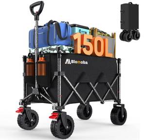 lot 1232 image: Blomoba Collapsible Wagon Cart, 150L Heavy Duty Foldable Beach Wagon with Wider Wheels & Auto-Rebound Handle, Utility Grocery Shopping Cart for Garden, Shopping, Camping, Sports, Black - Retail $80