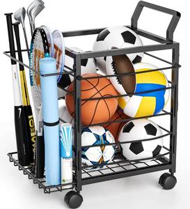 lot 1234 image: Sports Equipment Garage Organizer,Garage Ball Storage Rack for Sports with Wheels-Upgraded Sports Organizer Rack Outdoor Basketball Racks for Balls with Holder and Hooks (Black) - Retail $36