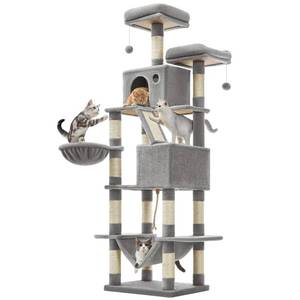 lot 1248 image: Feandrea Cat Tree, 81.1-Inch Large Cat Tower, Multi-Level Plush Condo with 13 Scratching Posts, 2 Perches, 2 Caves, Basket, Hammock, Pompoms, Light Gray UPCT190W01 - Retail $100