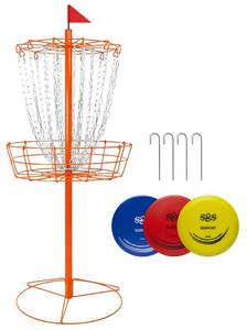 lot 1250 image: Disc Golf Basket - Portable Disc Golf Target with Heavy Duty 24-Chains Come with 3pcs Disc Golf Discs and Ground Stake -Suitable for Players of All Levels - Multi Color Available - Retail $110