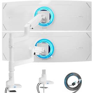 lot 1256 image: ARES WING Dual Monitor Stand for Ultrawide Heavy Duty Curved Monitor Stacking, Fits 17-49 Inch, Vertical Gas Spring Double Monitor Mount with USB, Adjustable Dual Monitor Mount for Desk, White - Retail $130