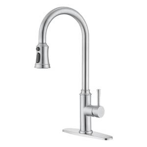 lot 1258 image: Trysea Kitchen Faucet with Pull Down Sprayer, Brushed Nickel Sink Faucet with Deck Plate,Single Handle High Arc Kitchen Sink Pull Out Kitchen Faucets,Stainless Steel Kitchen Faucet 360° Rotatable - Retail $43