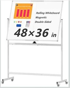 lot 8505 image: Large Rolling Whiteboard on Wheels, 48 x 36 Double-Sided Mobile White Board with Stand, 4 x 3 Portable Standing Magnetic Dry Erase Board Easel for Home Office Classroom School, Silver