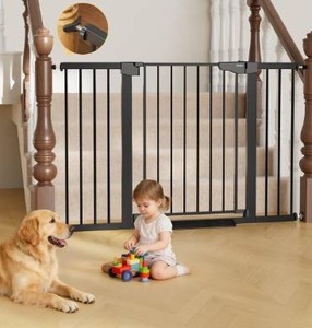 lot 8508 image: Cumbor 29.7 x 51.5 Extra Wide Baby Gate for Stairs, Pressure-Mounted Dog Gates for Doorways &amp Hallways, Auto-Close Walk-Through, No-Trip Design, Child Proof Safety, DogPet Gate for Indoor Use, Black