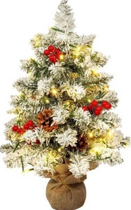 lot 8512 image: Christmas Tree Flocking Snow Small Tree Christmas, Round Pine Conesred Fruits, 40 LED Waterproof Battery Box with Cement Base Mini Christmas Tree Christmas Decorations for Home, Office, Party
