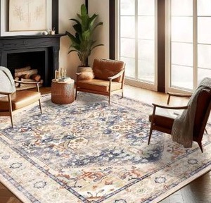 lot 8519 image: Washable Area Rug 9x12 Blue Khaki Retro Flowers Boho Design Non-Shedding Easy Care Ideal for High Traffic Areas in Living Room Bedroom Office Coffee Table Kitchen Large Carpet