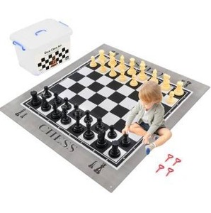 lot 8528 image: Giant Outdoor Chess Set Oversized Plastic Chess Pieces with Bases Lightweight 71 Chess Mat Floor Games for Kids and Adults - 9.8 Inches Tall King & Storage Bins with Lids